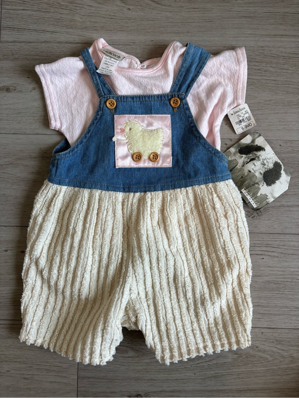 Cachcach 2-piece set features denim and corduroy overalls duck appliqué NWT